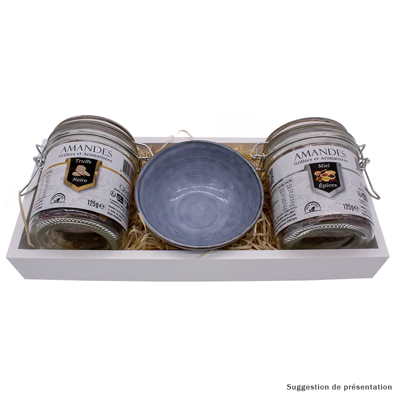 Plateau Cadeau de deux bocaux d'amandes et coupelle