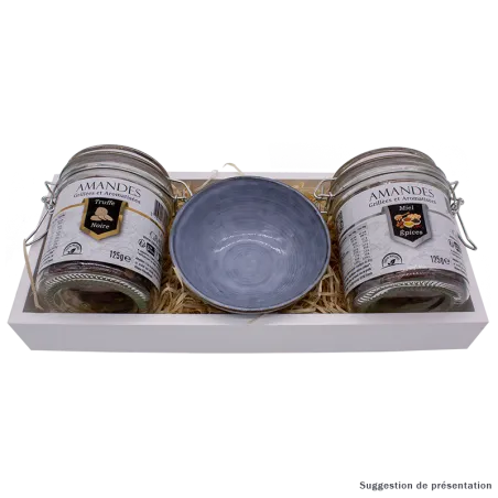 Plateau Cadeau de deux bocaux d'amandes et coupelle